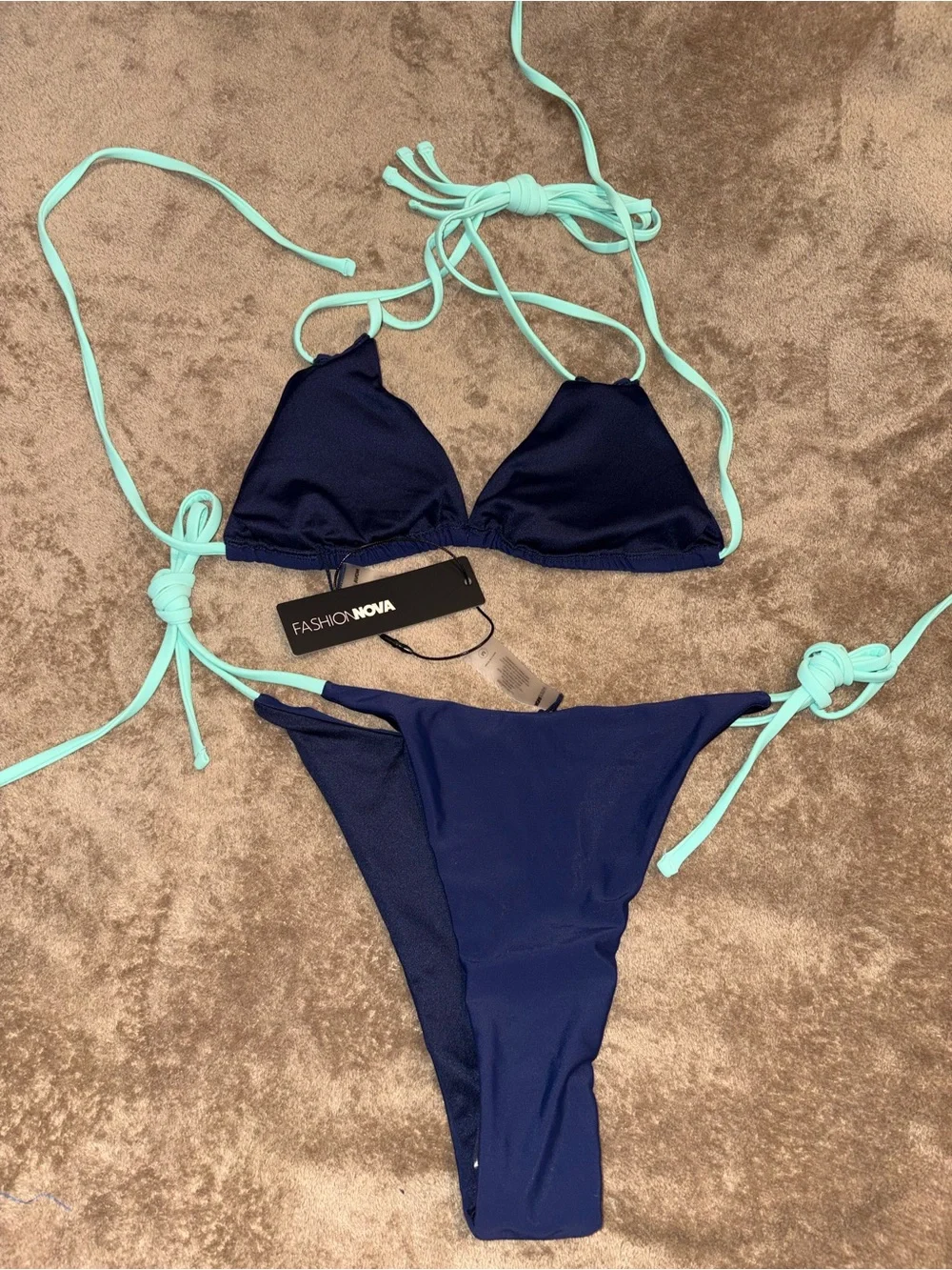 Fashion Nova Navy Bikini Set with Mint Tie Accents